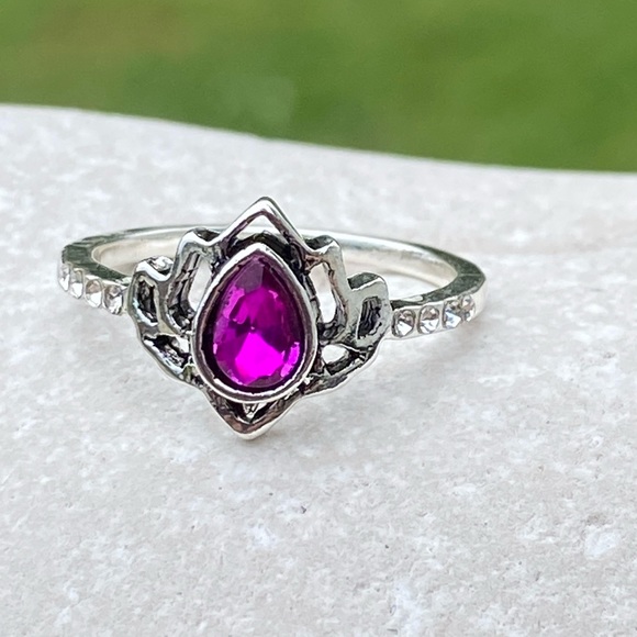 Lotus ring silver plated fuchsia pink zircon crystal accent sz 8 - Picture 6 of 12